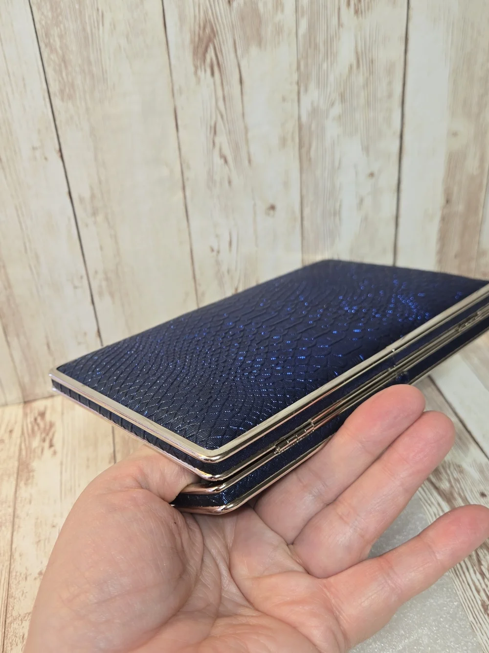 Vintage Metallic Blue Faux Snakeskin Clutch Wallet Silver Kiss Lock